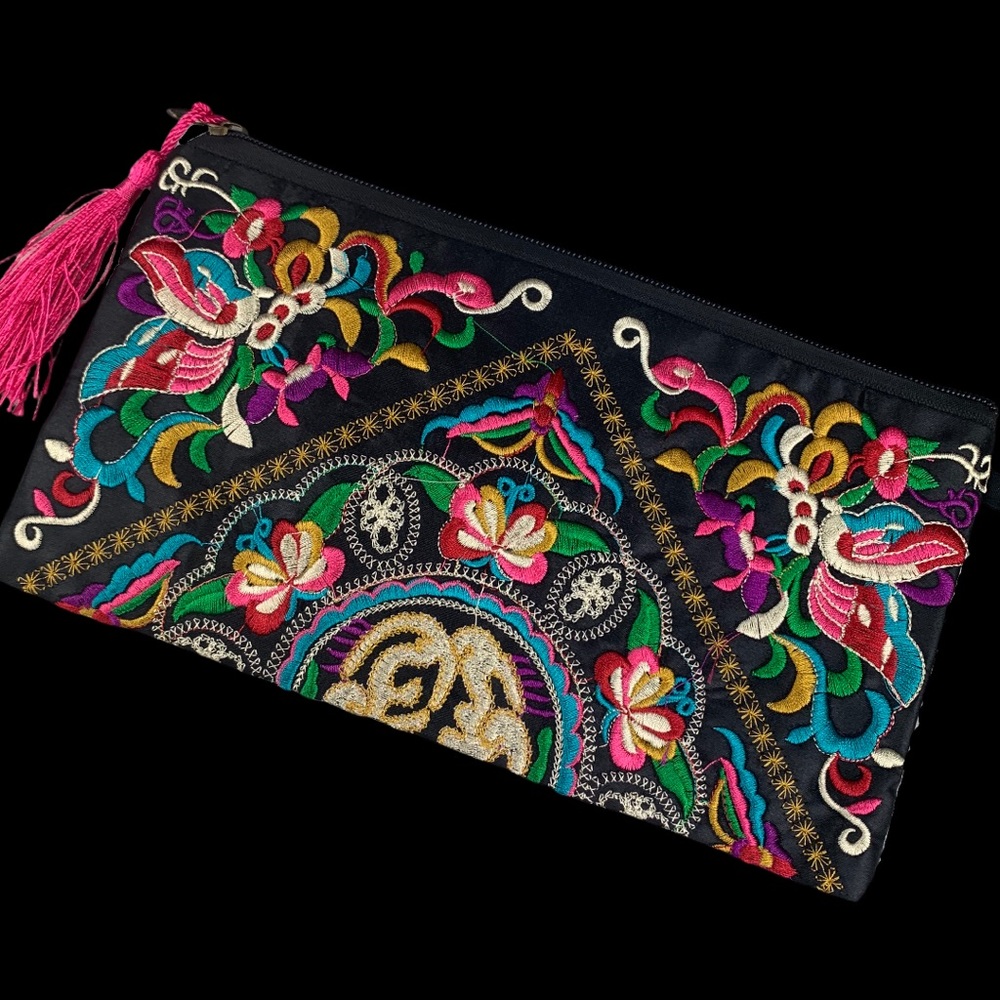 Colorful Floral Embroidered Pink Tassel Wristlet - Picture 2 of 15